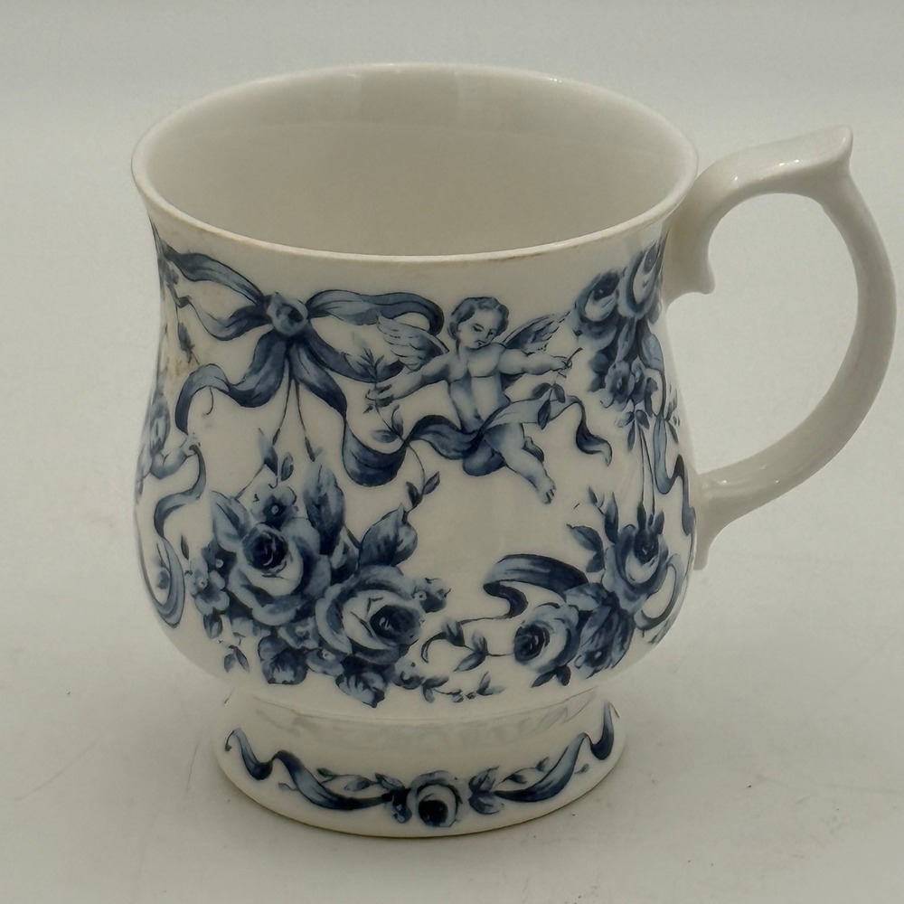 Queens Fine Bone China Churchill Blue White Cherub Rose Ribbon Made in England